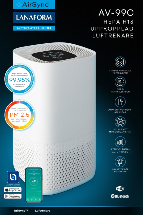 AirSync™ AV-99C – Smart luftrenare med HEPA-filter, luftkvalitetssensor och appstyrning